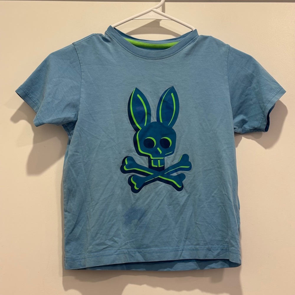 Psycho Bunny Kids Blue Graphic T-Shirt Bunny Skull Crossbones Size 7-8 S/P